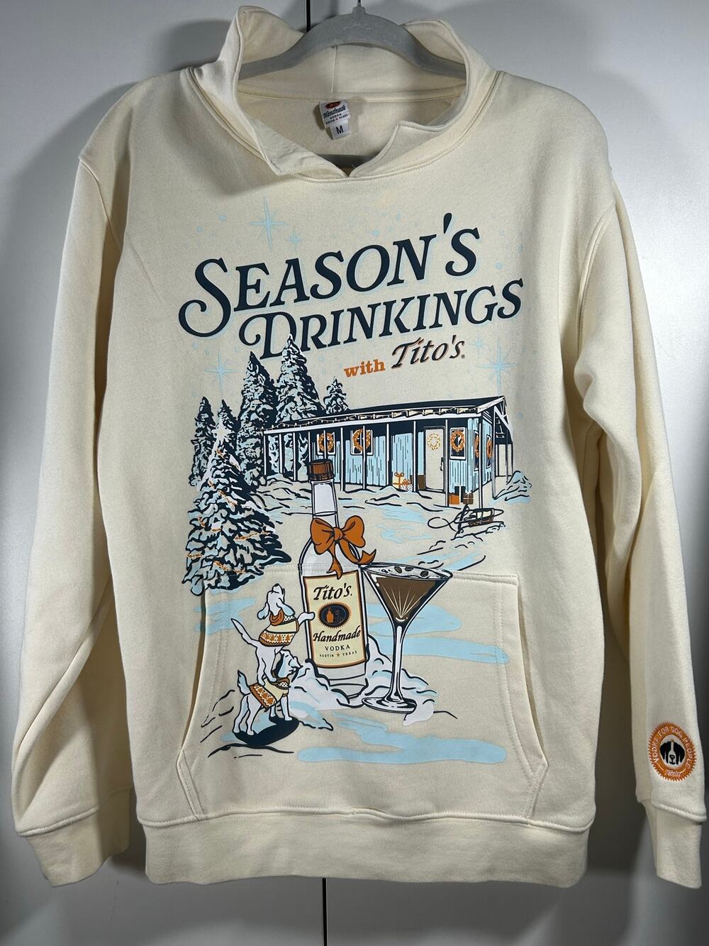 Tito’s Season’s Drinkings Holiday Hoodie Cream Dogs Vodka Christmas Sweatshirt